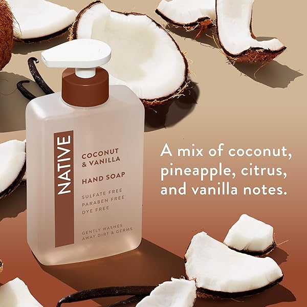 NATIVE LIQUID HAND SOAP, COCONUT & VANILLA SCENT, NON-DRYING FORMULA FOR SOFT, SMOOTH HANDS, MADE WITH PLANT-BASED CLEANSERS, SULFATE & PARABEN FREE, 13 OZ BOTTLE