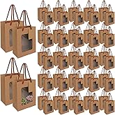 UCEHIPAW 54 Pcs Brown Paper Gift Bags with Window, Handles and Tags 7.5 x 3 x 6 In Shopping Bags Bulk for Business Wedding Mother's Day Gift Wrap