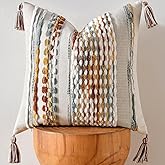 AmHoo Chenille Striped Textured Boho Throw Pillow Covers Aesthetic with Tassels Woven Decorative Pillow Case for Couch Bed Sofa Bedroom Modern Funky 18 x 18-Inch Brown