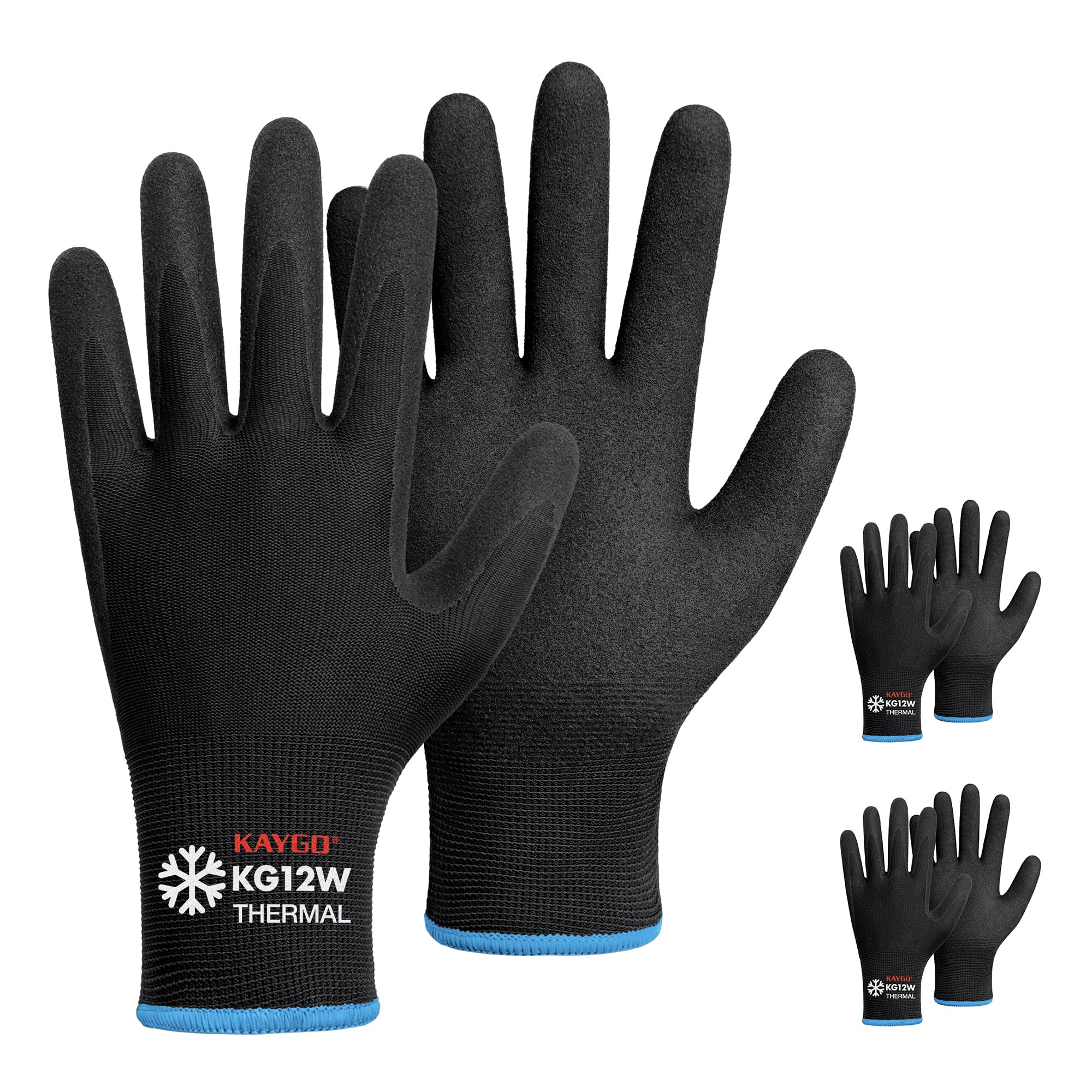 KAYGO Work Gloves Nitrile Coated Thermal Fleece Liner-3 Pairs, Grip and Dexterity, Winter Working Gloves for Men Women, for Cold Weather Construction Freezer Warehouse Automotive, KG12W (Black, M)