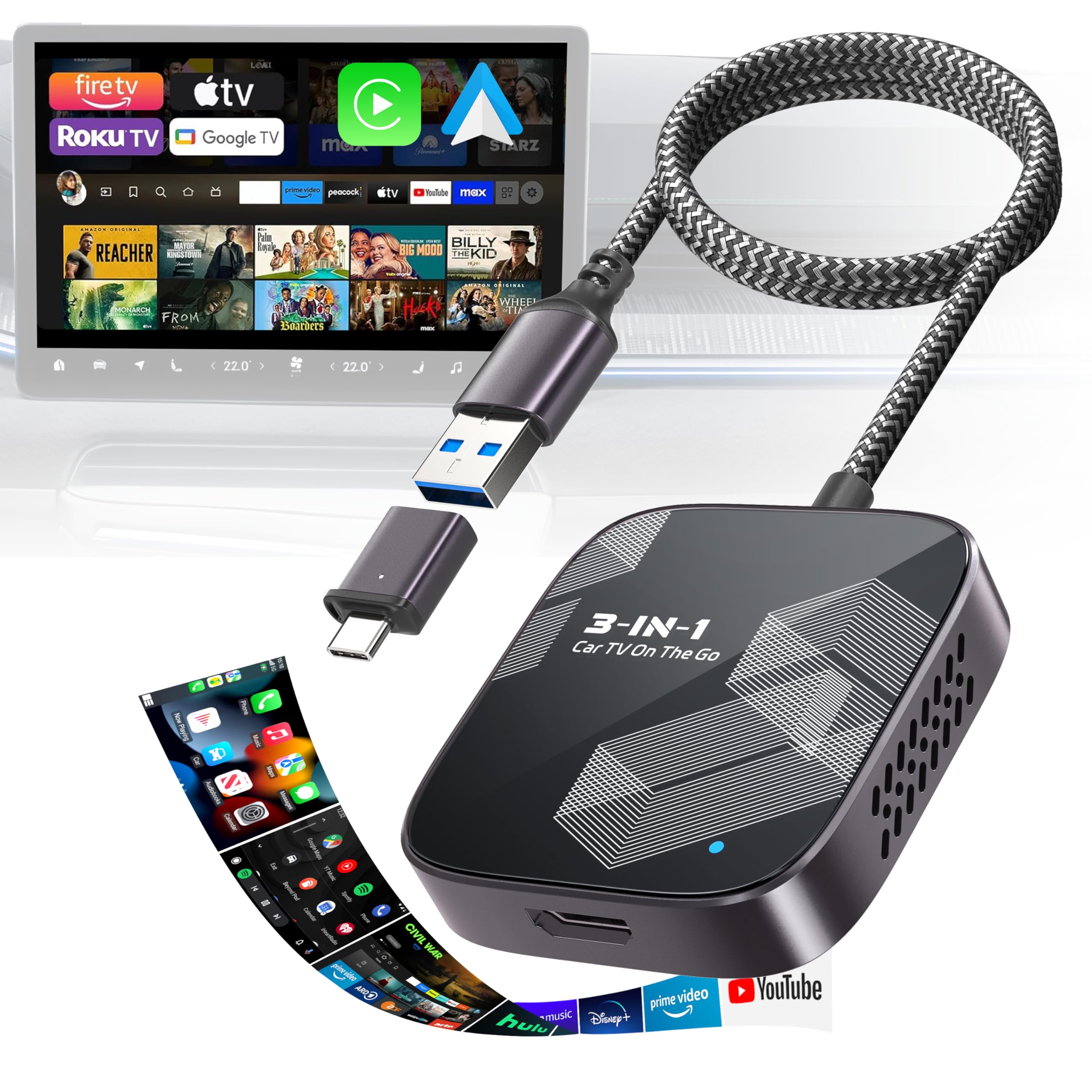 Photo 1 of 3-in-1 Wireless CarPlay Adapter, Car TV Mate Pro Max 2025 Upgraded [Metal & Glass Case] Convert Wired to Wireless Apple Car Play/Android Auto or HDMI for Fire TV Stick, Compatible for 2016+ Vehicles