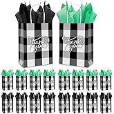 Cholemy 50 Pcs Christmas Buffalo Plaid Bags with 50 Sheets Tissue Paper 8.3 x 5.9 x 3.15 Inch Xmas Thank You Gift Bags Kraft Paper Bags Holiday Gift Wrapping for Christmas Party (Black White Plaid)
