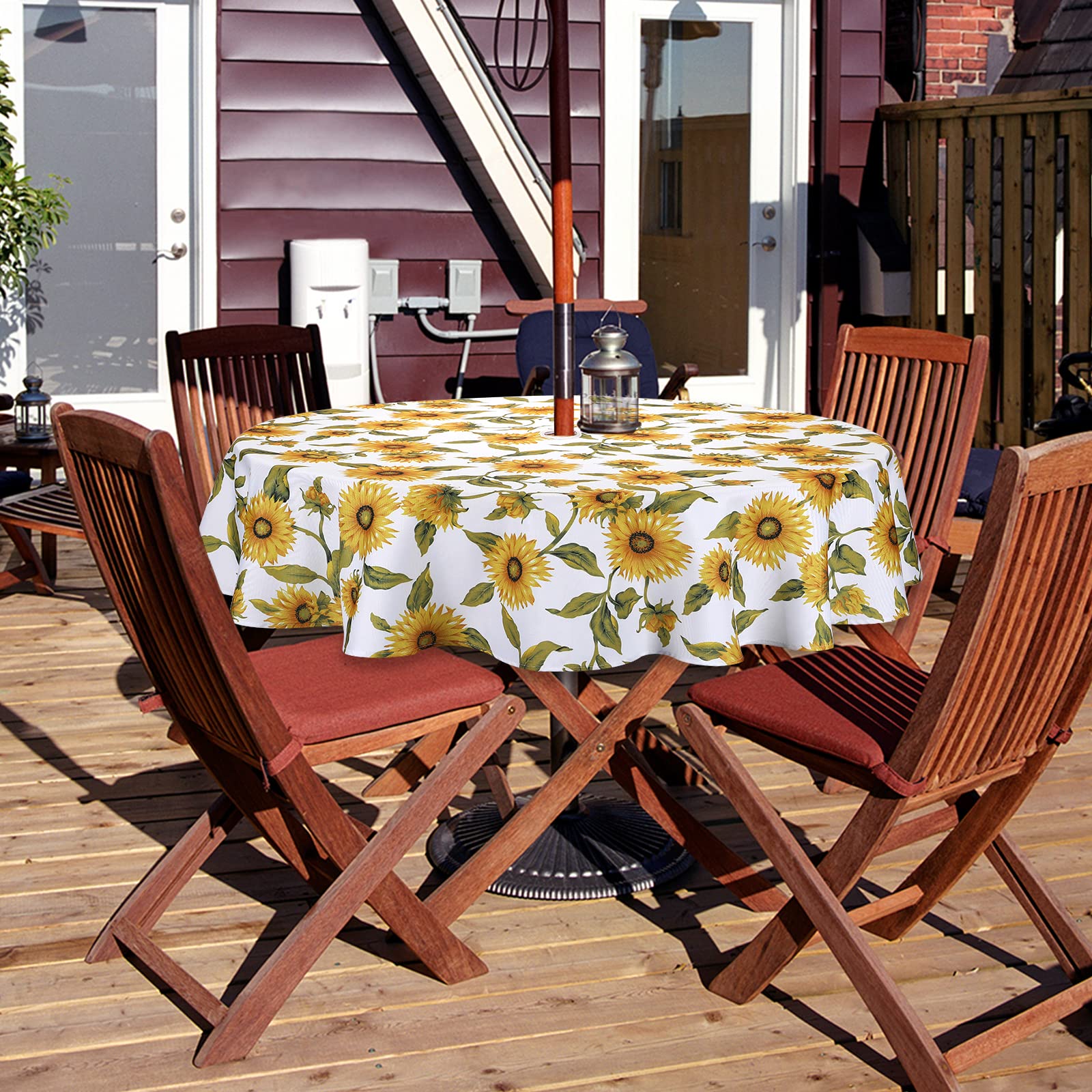 Qucover Sunflower Outdoor Tablecloth Round 150cm with Parasol Hole and Zipper, Stain Resistant Wipe Clean Polyester Table Cloth 60 Inch for Garden Table, BBQs, Family Gatherings, Party