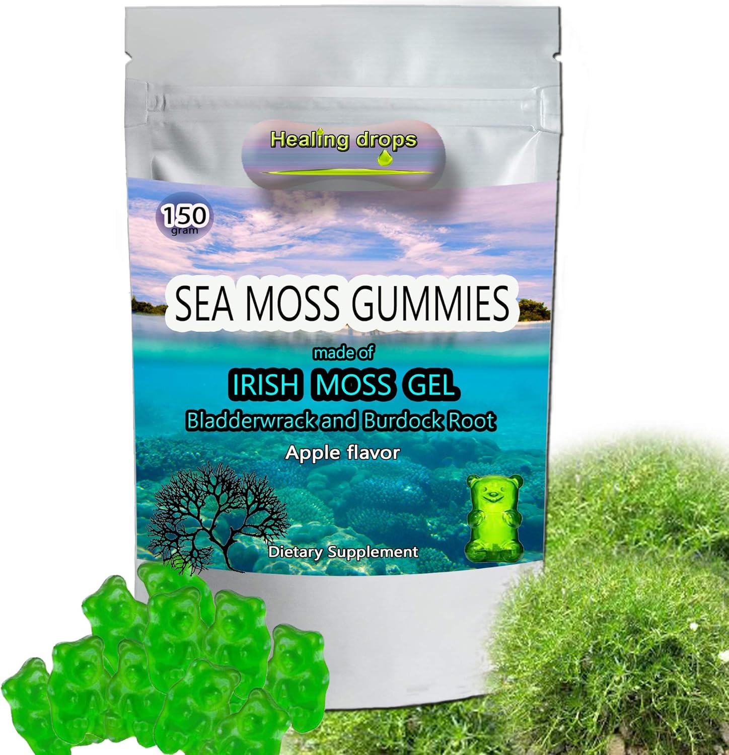 Irish Sea Moss Gummies – Raw Organic Wildcrafted Sun-Dried Seamoss Powder and Gel - Bladderwrack Burdock Root – Alkaline Keto Vegan Non-GMO Diet – Thyroid Healthy Skin Detox - HEALING DROPS (Apple)