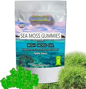 Irish Sea Moss Gummies – Raw Organic Wildcrafted Sun-Dried Seamoss Powder and Gel - Bladderwrack Burdock Root – Alkaline Keto Vegan Non-GMO Diet – Thyroid Healthy Skin Detox - HEALING DROPS (Apple)