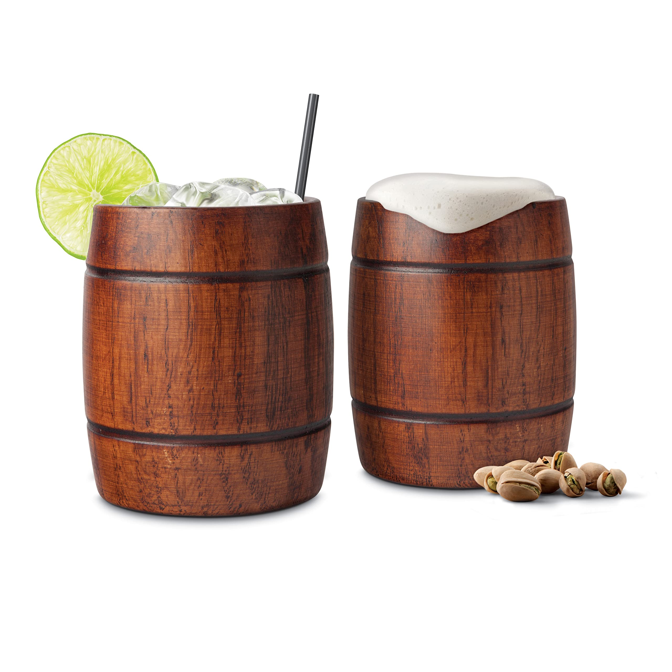 Final Touch Wood Barrel Tumblers- Wooden Cocktail Glasses Ideal for Cocktails, Beers or Cold Beverages