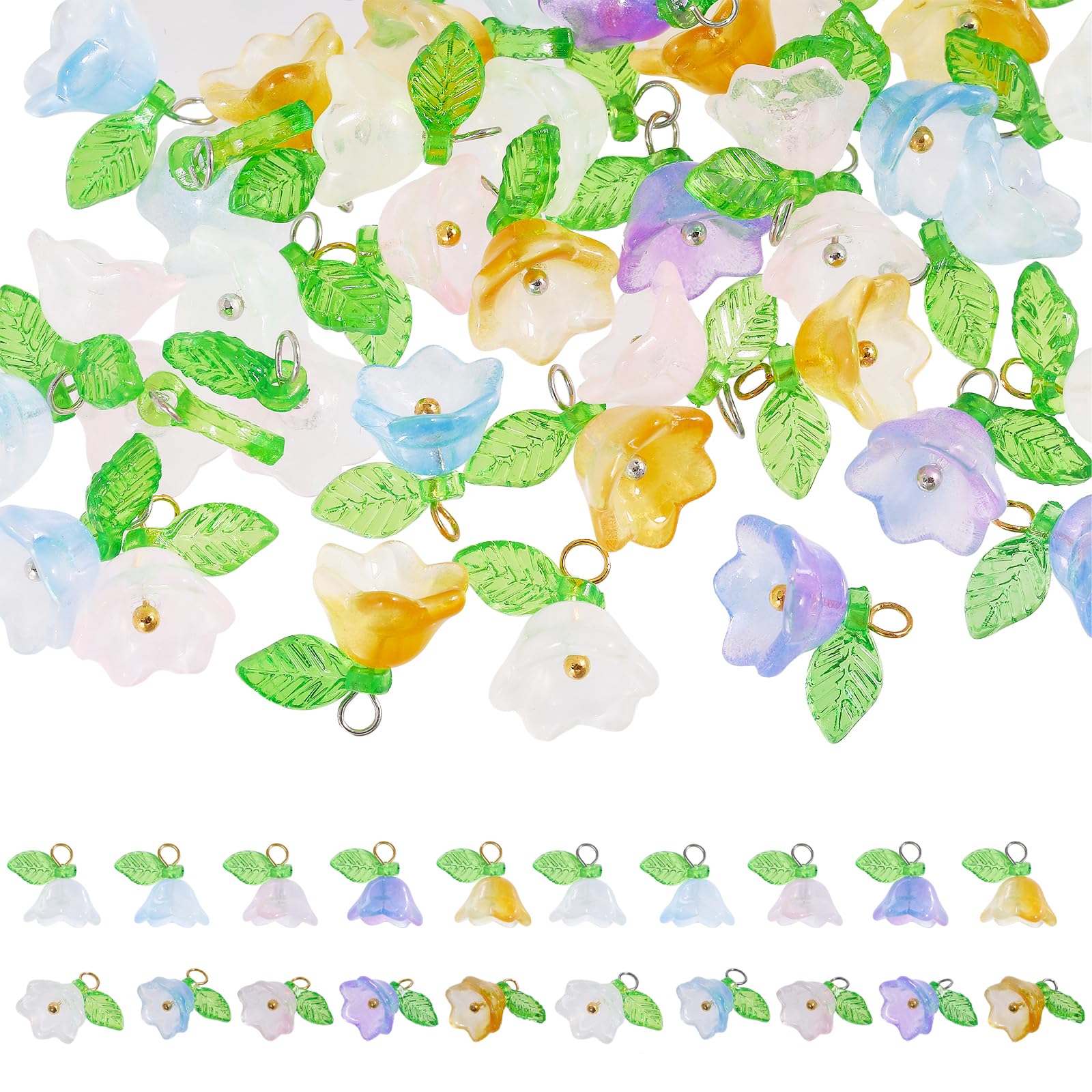 CHGCRAFT 100pcs Glass Bell Flower Charm Beads Pendant Charms Assorted Color Dangle Glass Bead Charms Bulk for DIY Jewelry Making