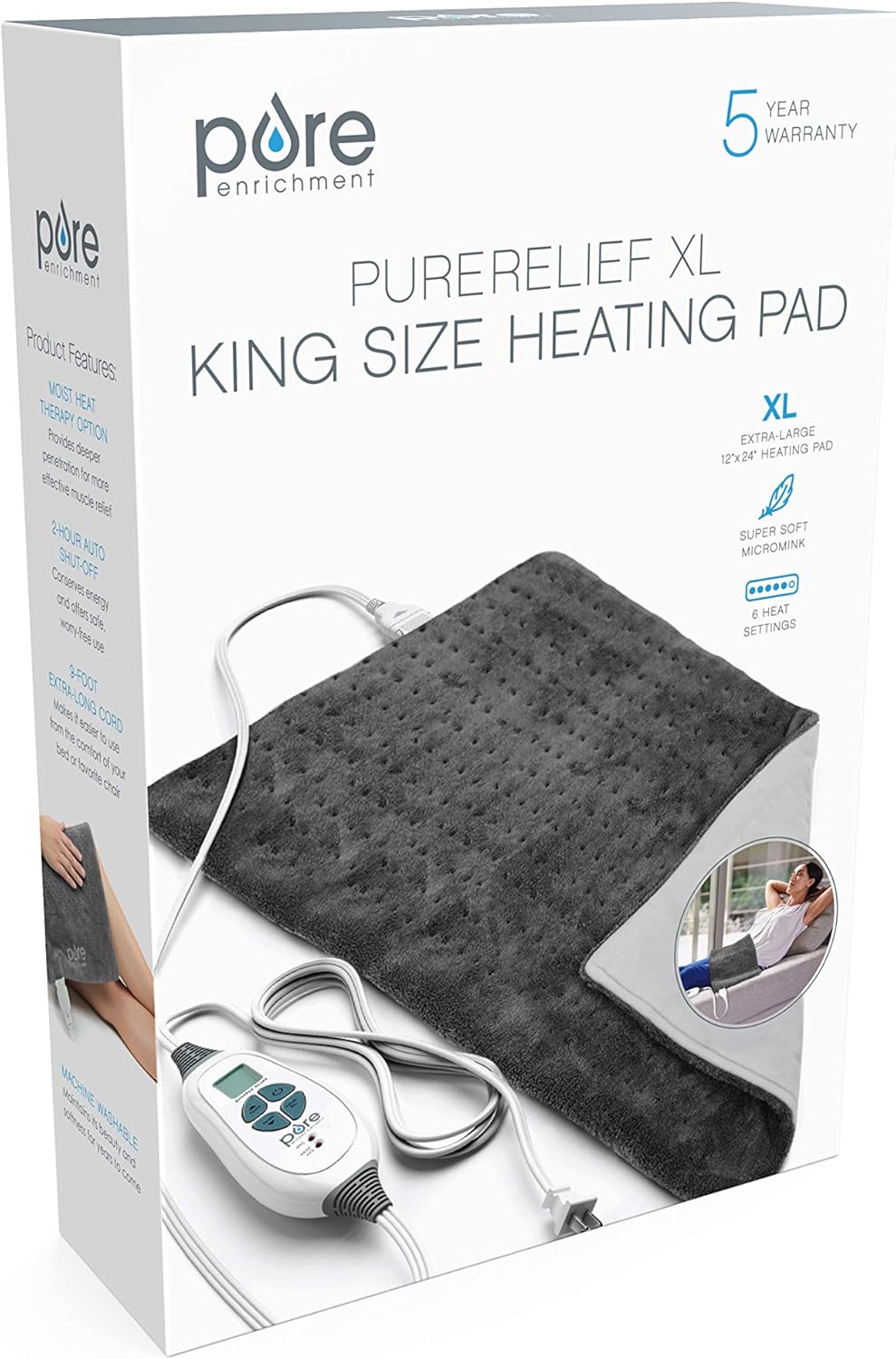 Pure Enrichment PureRelief XL (12"x24") Electric Heating Pad for Back Pain and Cramps - Ultra-Soft with 6 Temperature Settings, Auto Shut-Off, and Moist Heat (Charcoal Gray): Health & Personal Care