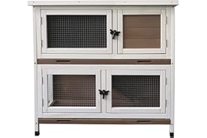 EMKK 2 Floors Wooden Indoor Outdoor Bunny Hutch Rabbit Cage on Wheels Guinea Pig PET House for Small Animals House Waterproof No Leak Tray,Rabbit Hutch with Pull Out Tray, Ramp, Lockable Doors