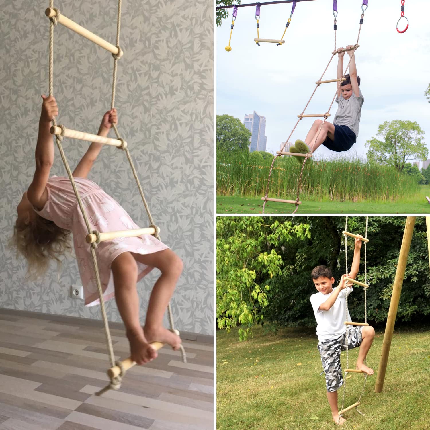 Wooden Rope Ladder for Kids - Playset Ladder for Ninja Warrior Obstacle Course Accessories | Treehouse Swing Set Bunk Bed | Playground Ninja Obstacles