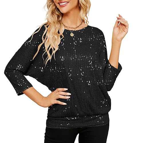 JASAMBAC Women's Black Sequin Tops Christmas Carnival Sparkle Top