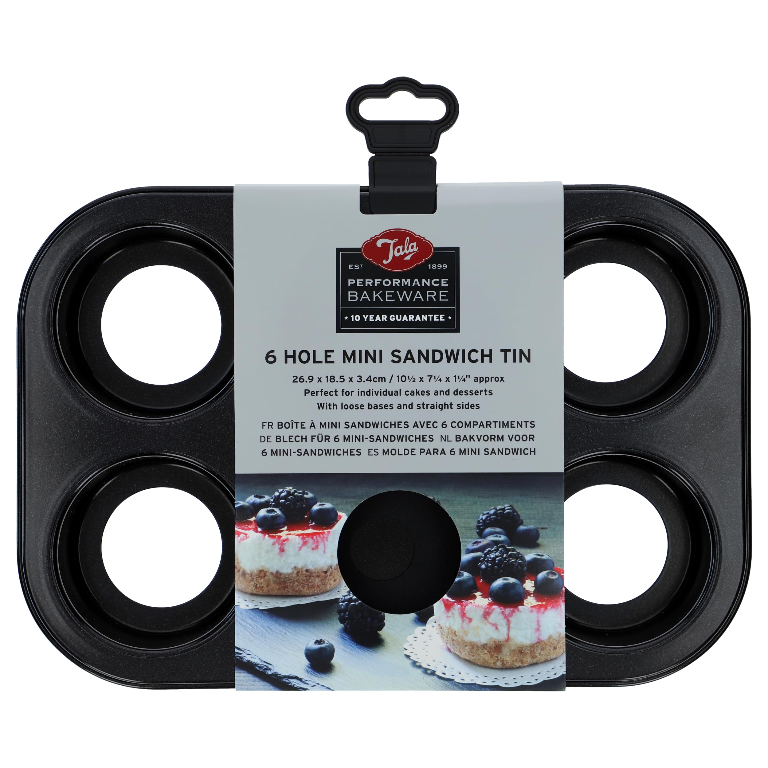 Tala Performance 6 Cup Loose Based Mini Sandwich Pan, made from Professional Gauge carbon steel with Eclipse Non-Stick Coating; Perfect for individual cakes and cheesecakes, 26.8x18.4x3.38 cm