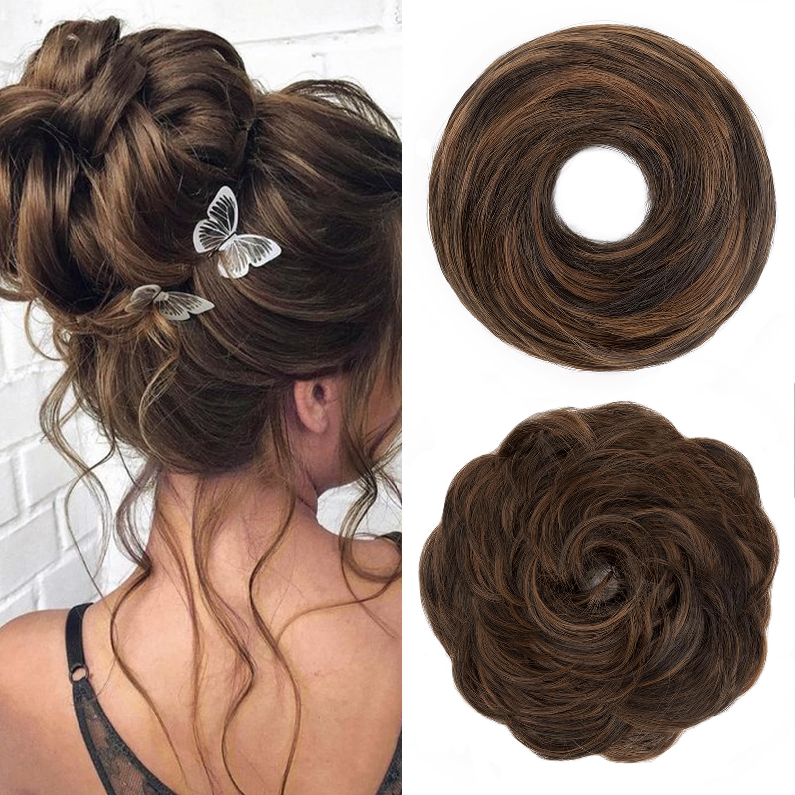 S-noilite Hair Pieces for Women Hair Scrunchies Thick Messy Bun Hair Bun Updo Chignons Ponytail Extenions - Dark Brown mix Light Auburn