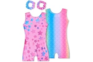 Tstiti Gymnastics Leotards for Girls 2 Pack Sparkly Kids Biketards Dance Unitards Matching Hair Scrunchies