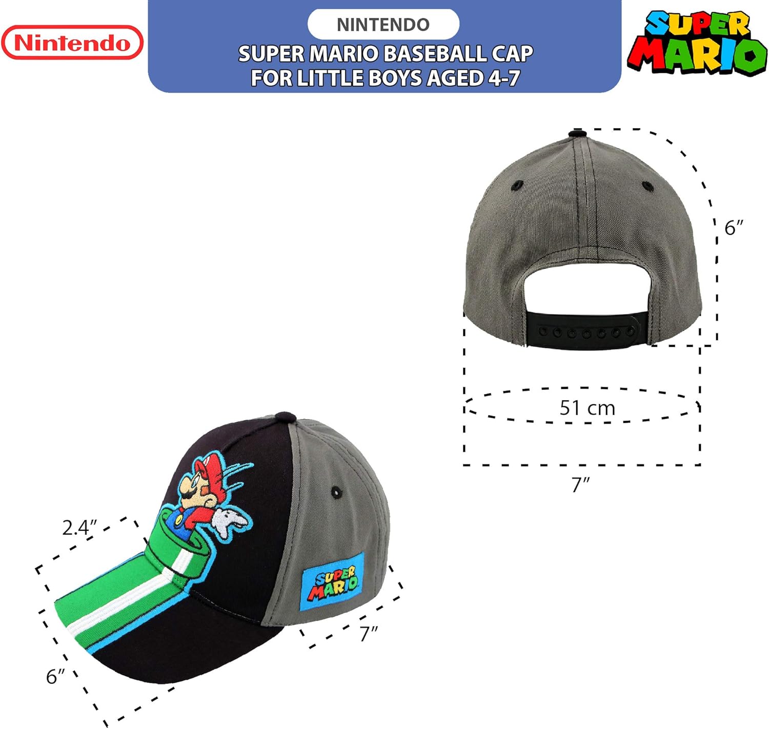 Nintendo Little Boys' Super Mario Character Baseball Cap, Black/Grey, Ages 4-7: Clothing