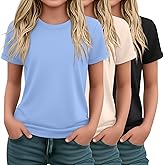 LessonZoo 3 Pack Girls Short Sleeve T Shirts Kids Crewneck Rolled Cuffs Fashion Shirts Summer Casual Basic Tees Tops 5-14 Y