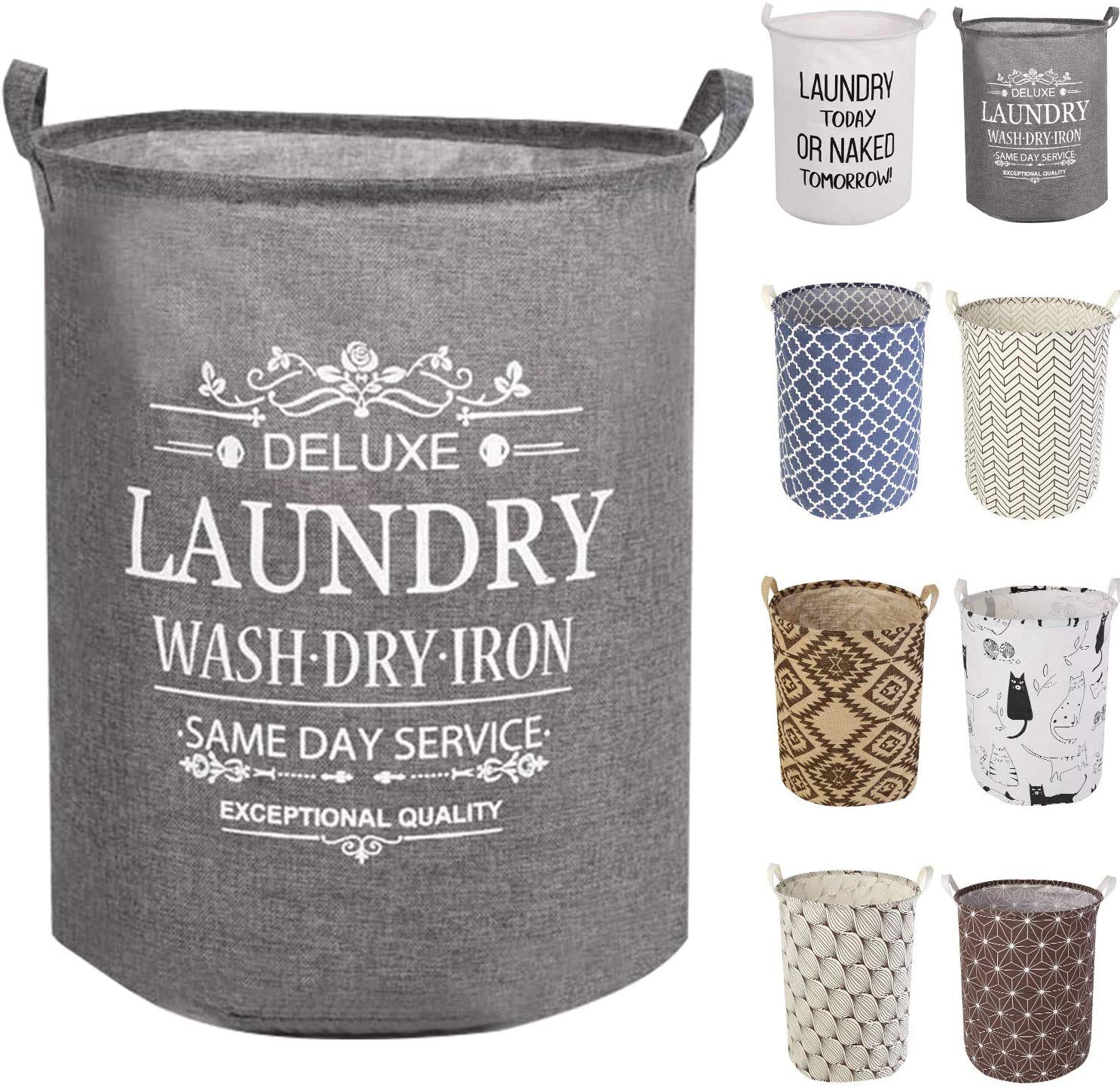 LessMo 17.7" Laundry Hamper, Collapsible Storage Basket With Easy Carry Handles, Waterproof Round Cotton Linen, for Baby Products, Toys, Bedroom Hamper Deluxe