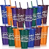 Mifoci Bulk Employee Appreciation Gifts 24oz Plastic Cups Tumblers with Straw Lid Staff Team Teacher Appreciation Gifts Reusable Inspirational Cups for Coworker Employees Volunteer(Dark Color,15 Pcs)