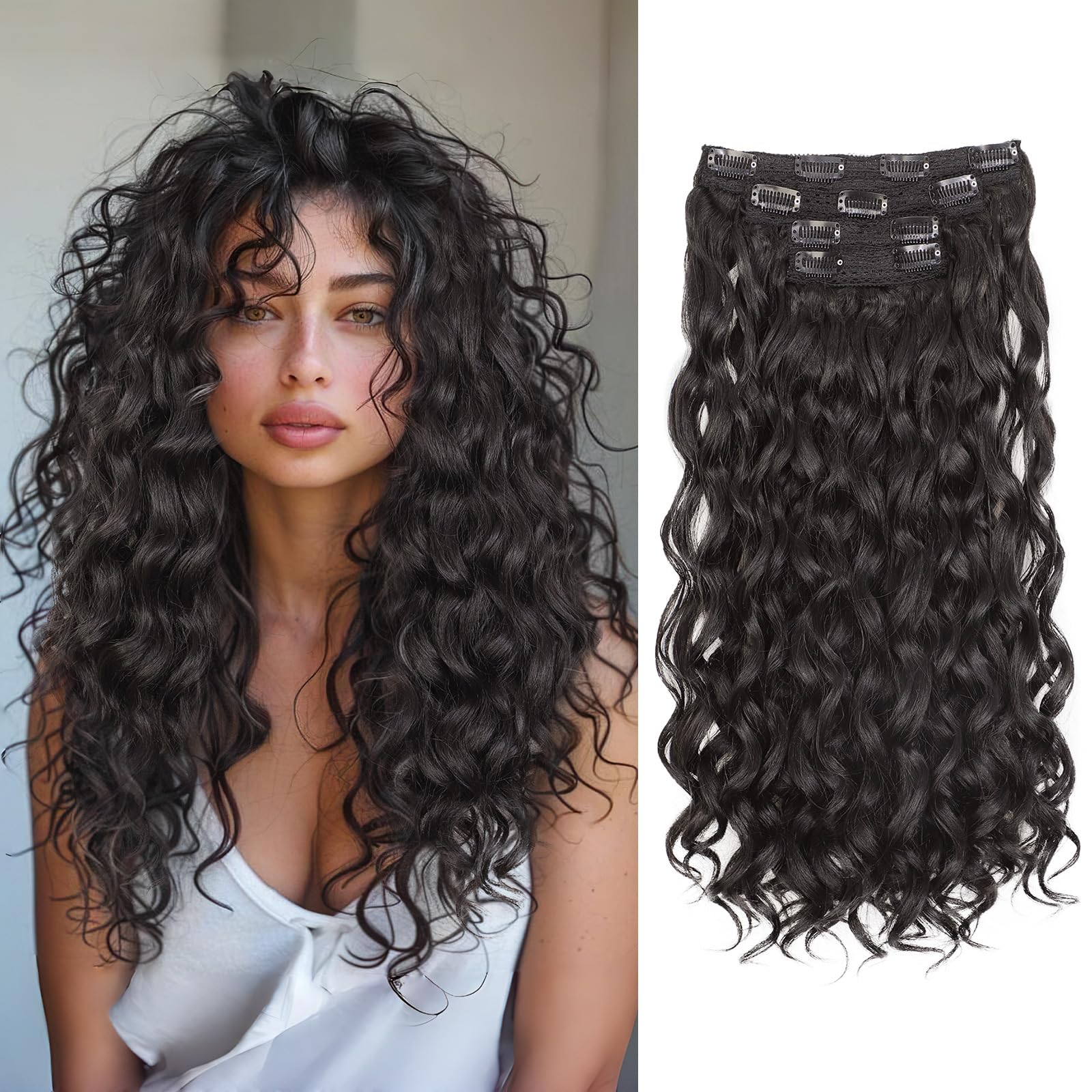 Photo 1 of 18 Inch Curly Wavy Clip in Hair Extensions 4PCS,QGZ Heat-Stylable Synthetic Lace Weft Extensions for Women, Black Brown for Daily & Party Wear