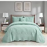 DaisyHuang Botanical Oversized Bedspread King Size - Leaves Pattern Stitching Quilt Set - Elegant & Fresh Style Bedding Coverlets, Reversible, Lightweight, 5 Piece, Seaglass