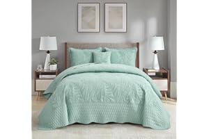 DaisyHuang Botanical Oversized Bedspread Queen Size - Leaves Pattern Stitching Quilt Set - Elegant & Fresh Style Bedding Coverlets, Reversible, Lightweight, 5 Piece, Seaglass