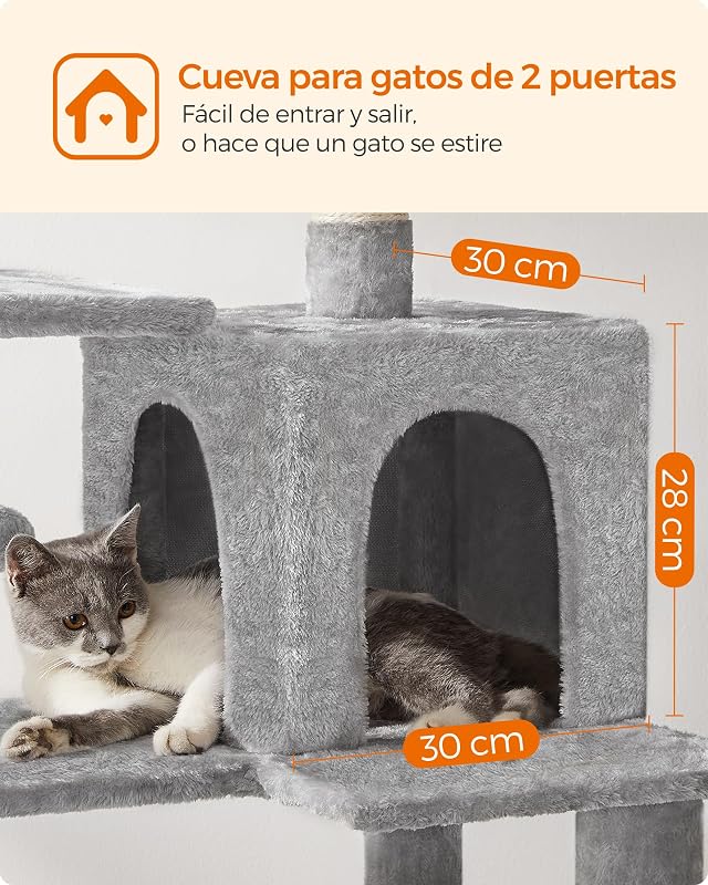 Árvore para gatos, altura 143 cm, torre para gatos, com 4 arranhadores, 2 plataformas, 1 gruta, 1 rede, 2 pompons, tecido felpudo, multinível, cinzento claro PCT161W01