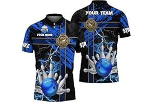 Unisex Bowling Polo Shirt Custom Blue Strike Bowling Ball Collared Tshirt for Bowling Team Printed Bowling Clothes