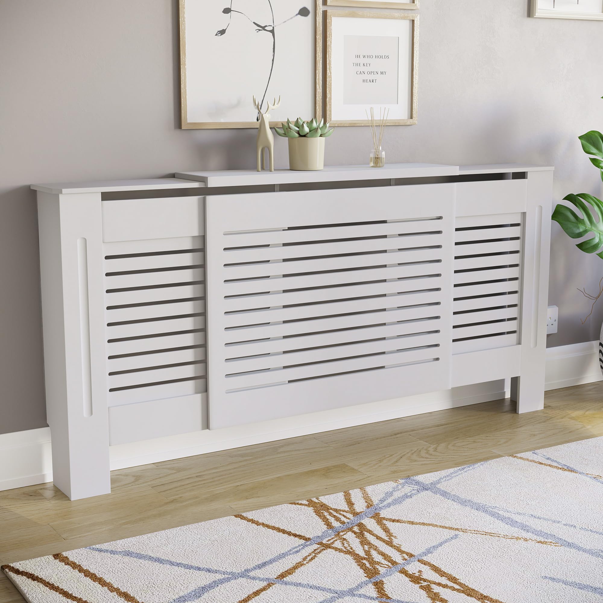 Vida Designs Milton Radiator Cover White - Adjustable - Modern Horizontal Slat Design For Optimal Heat Circulation - H82xW140-204xD19cm - Painted MDF Cabinet Ideal For Living Room & Hallway