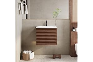 eclife 24" Floating Bathroom Vanity with Sink Combo Mid-Century Wall Mounted Cabinet with Wood Stripes Decor, Drawers, Undermount Sink, Faucet, Drain, Cocoa Brown