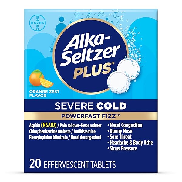 ALKA-SELTZER PLUS SEVERE COLD, POWERFAST FIZZ, ZEST EFFERVESCENT TABLETS, FOR ADULTS WITH HEADACHE, SORE THROAT, SINUS CONGESTION, RUNNY NOSE, SNEEZING, FEVER, BODY ACHES & PAINS, ORANGE, 20 COUNT
