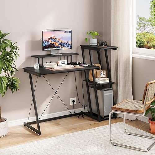 Dripex Computer Desk with 3-Tier Reversible Storage Shelves, Small Office Desk with Power Outlets & USB Charging Ports, Modern Work Study Table for Home Office, Black