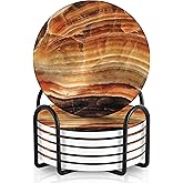 Emerson Essentials Coasters for Drinks Absorbent with Holder, Set of 6, Cork Bottom Ceramic Stone Modern Marble Style for Wooden Coffee Bar Tables, Glass Tabletop Non Slip, Housewarming