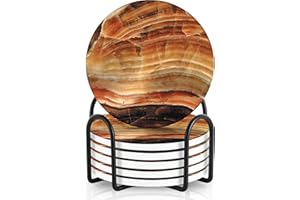 Emerson Essentials Coasters for Drinks Absorbent with Holder, Set of 6, Cork Bottom Ceramic Stone Modern Marble Style for Wooden Coffee Bar Tables, Glass Tabletop Non Slip, Housewarming