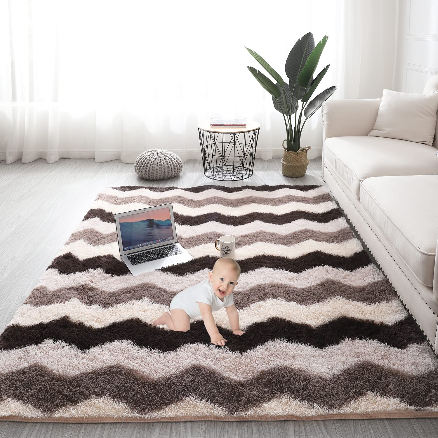 Gsogcax Rugs Living Room 4'×5.3' Super Soft Fluffy Area Rugs for Bedroom Shaggy Anti-Skid Comfortable Large Rugs Indoor Modern Home Decor Floor Carpet - Brown Wave 120x160