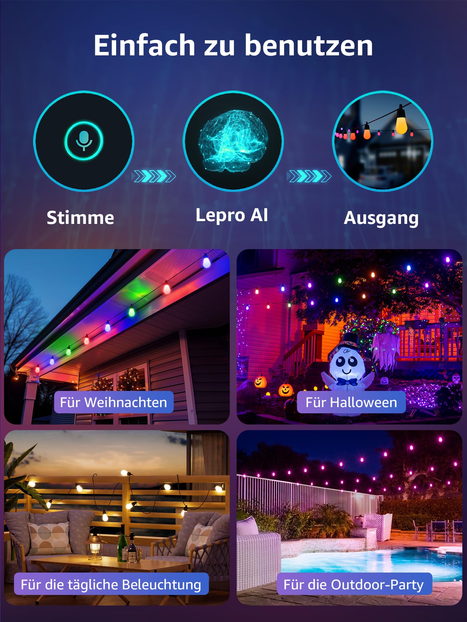 Lepro ZB1 AI LED Lichterkette Außen 30m, RGB+Warmweiß Smarte LED S14 WLAN Glühbirnen,App-Steuerung,Funktioniert mit Alexa&Google,IP65,Personalisierter KI-Lichtdesigner,ohne Fernbedienung, 30 LEDs 9