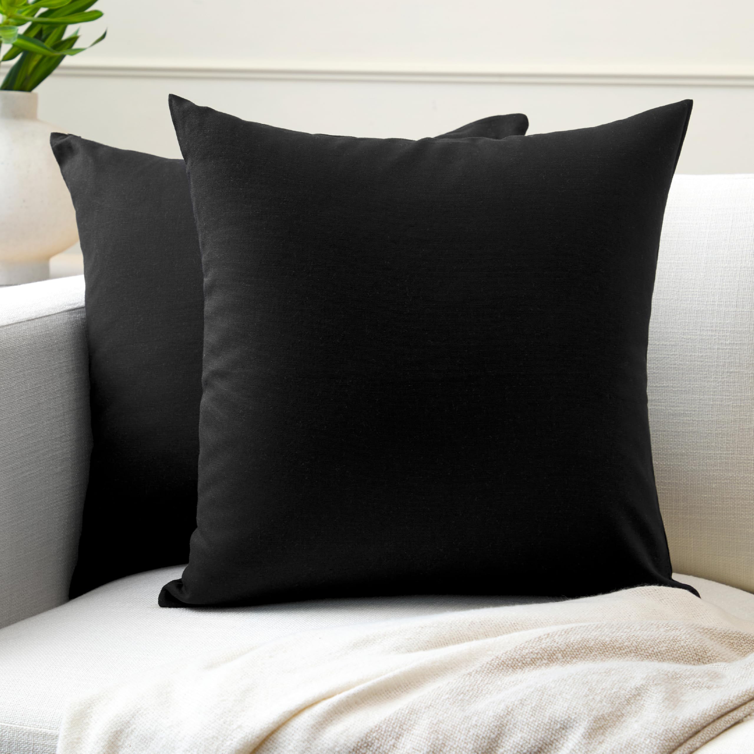 Encasa XO Cotton Throw Pillow Covers Set of 2 I 24x24 in (60x60 cm) - Jet Black I No Insert I Plain Square Pillowcases I Machine Washable | Indoor Use Only
