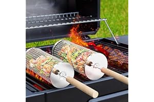 Ivtivfu Nesting Rolling Grill Baskets (2PCS), Removable Wooden Handle, 304 Stainless Steel, BBQ Tube Net, Grilling Accessories Tools for Vegetables Shrimp, Gifts for Men Dad, Outdoor Cooking Camping