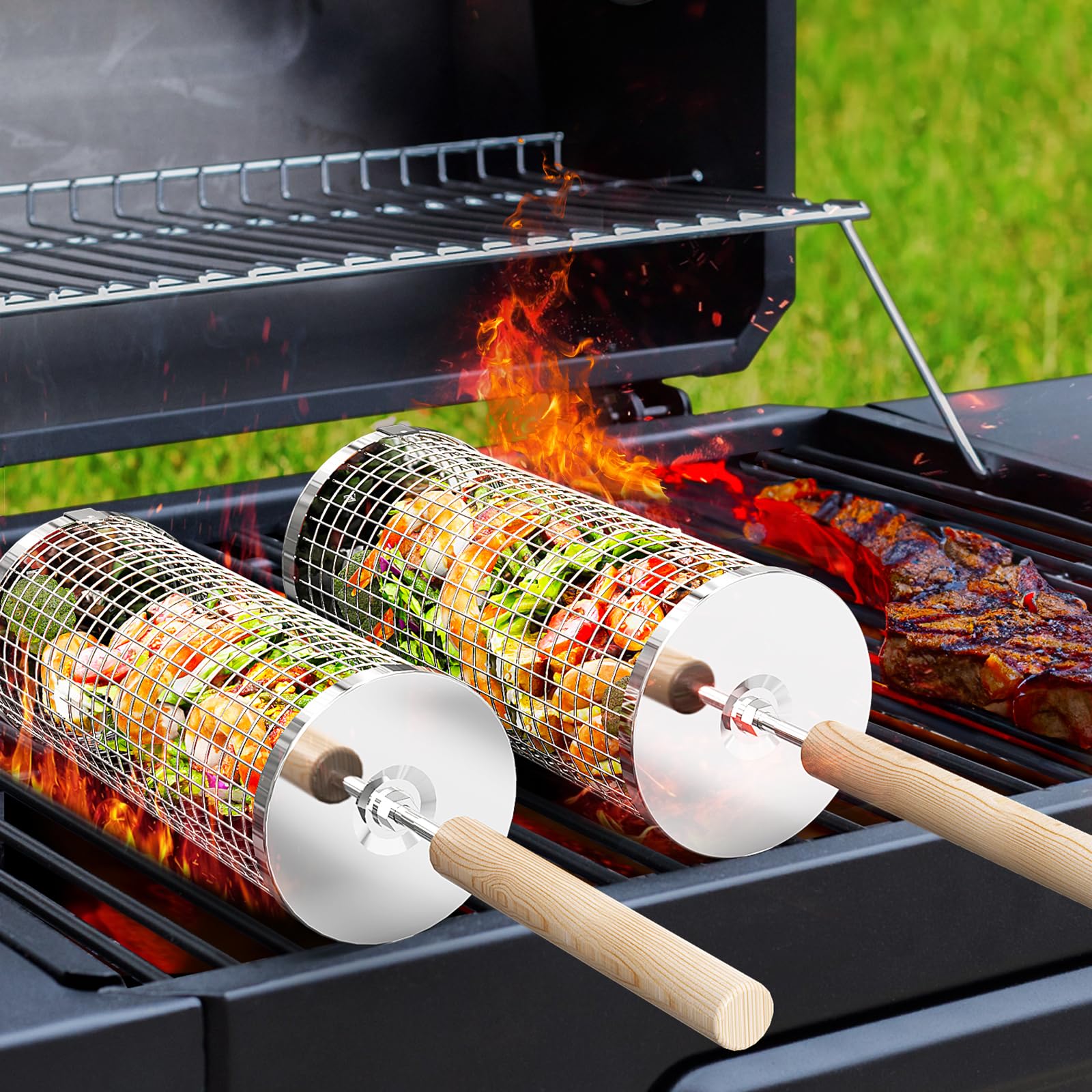ivtivfu Nestbarer Rollender Grillkorb, Grill Zubehör, Geschenke für Männer