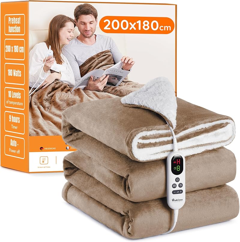 Mia&Coco Electric Heated Blanket Throw 200x180cm Flannel Sherpa 10 heat 9h