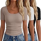 Neer 3 Pack Fitted Ribbed Scoop Neck T-Shirts for Women, Tight Short Sleeve Tops Slim Basic Tee Trendy Summer Blouses