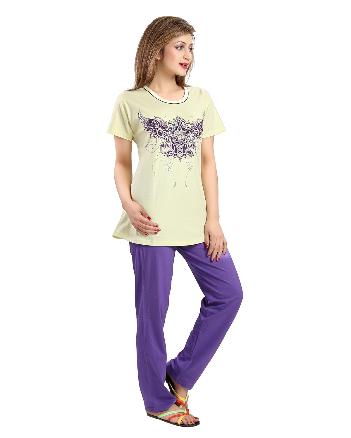 seemee yellow and purple polycotton top and bottom pyjamas nightsuit for women
