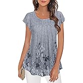 Furnex Women's Short Sleeve Tunic Shirt Pleated Mesh Blouses Summer Floral Tops