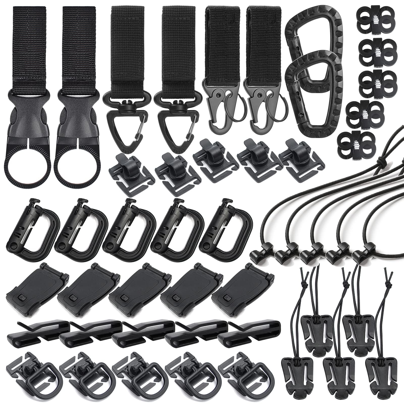 48PCS Tactical Gear Clip Set Molle Webbing Attachments for Backpack Bag Vest Belt with Nylon Strap Hook, D Ring Grimlocks Locking, Web Dominators, Elastic Strings and Molle Accessories (Black)