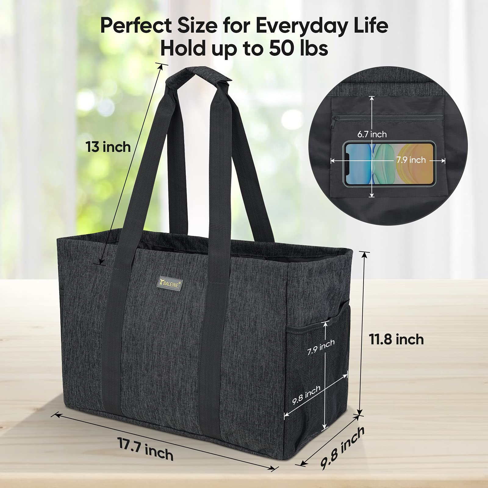 BALEINE Soft 9 Gallon Extra Large Utility Tote, Foldable Reusable Storage Bag (Charcoal Black)