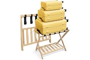 Grow Bou Fully Assembled Luggage Rack for Guest Room, Bedroom, Hotel - Natural Bamboo Suitcase Stand, Foldable with 2 Layers - Luggage Racks for Suitcases, up to 150 lbs