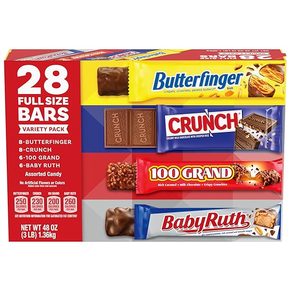 BUTTERFINGER, CRUNCH, BABY RUTH AND 100 GRAND, BULK 28 PACK, ASSORTED FULL SIZE CHOCOLATE CANDY BARS, STOCKING STUFFERS, 48 OZ