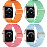 4 Pack Stretchy Solo Sport Band Compatible with Apple Watch Bands 40mm 44mm 45mm 46mm 42mm 41mm 49mm 38mm Women Men Nylon Elastic Loop Braided Strap for iWatch Series 11 10 9 8 7 6 5 4 Ultra SE 3 2 1