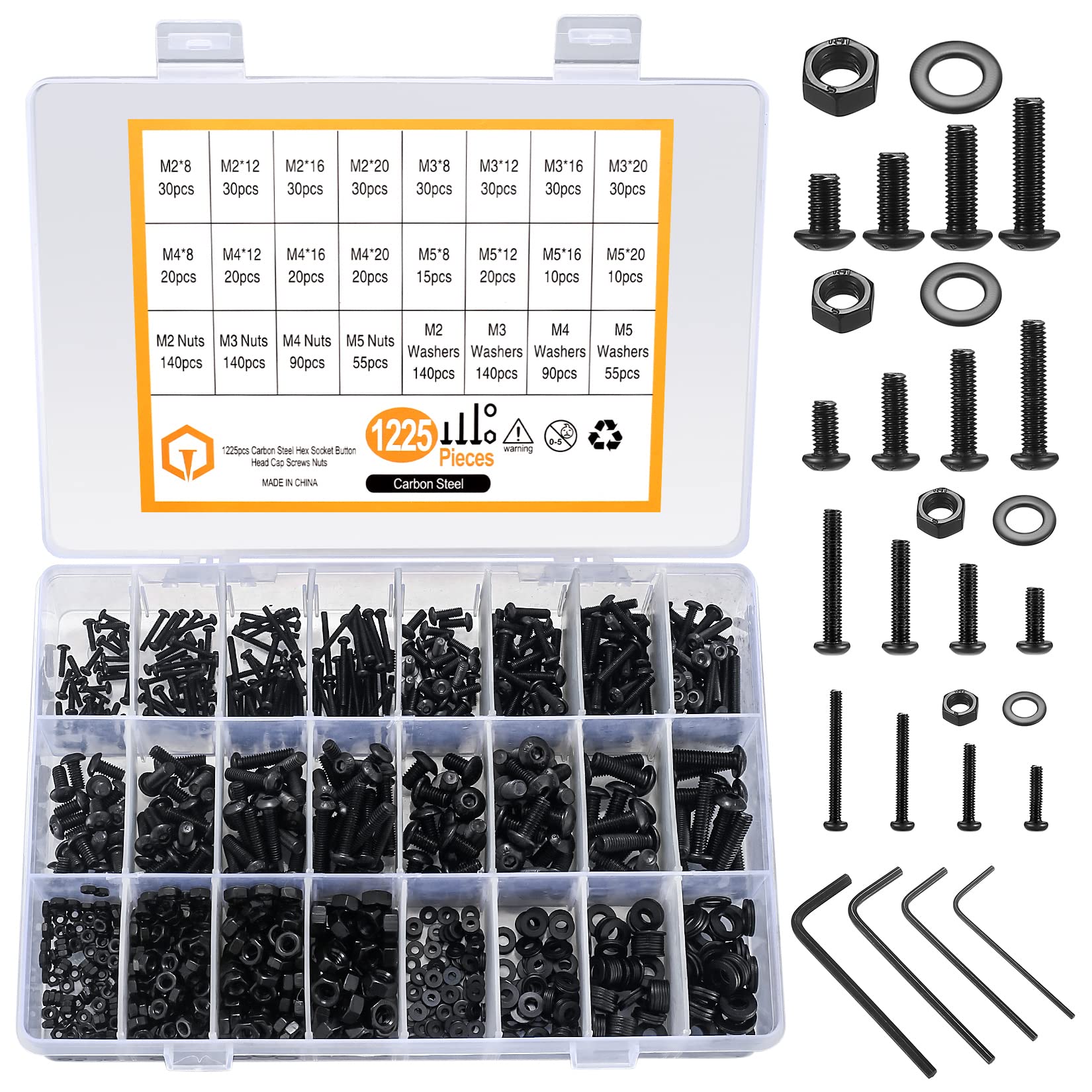 1225pcs M2 M3 M4 M5 Hexagon Socket Screws, Bolts, Nuts, and Washers Assortment Kit, Carbon Steel Black Countersunk Head Threaded Screws, Nuts and Washers Set (1225) (1225 black) — image 1