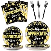 96Pcs We Appreciate You Party Plates and Napkins for Employee Staff Appreciation Black Gold Supplies Work Anniversary Themed Plate Thank You Tableware Set for Teacher 24 Guests Party Decorations
