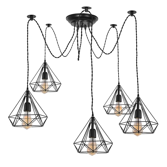 Homesake Spider Chandelier Diamond Lamp, Vintage Edison Style E 27 Adjustable DIY Ceiling Pendant Light, E27 Rustic Cluster Hanging Light(1.25 M, Black Twisted Wire) (5 Arms)